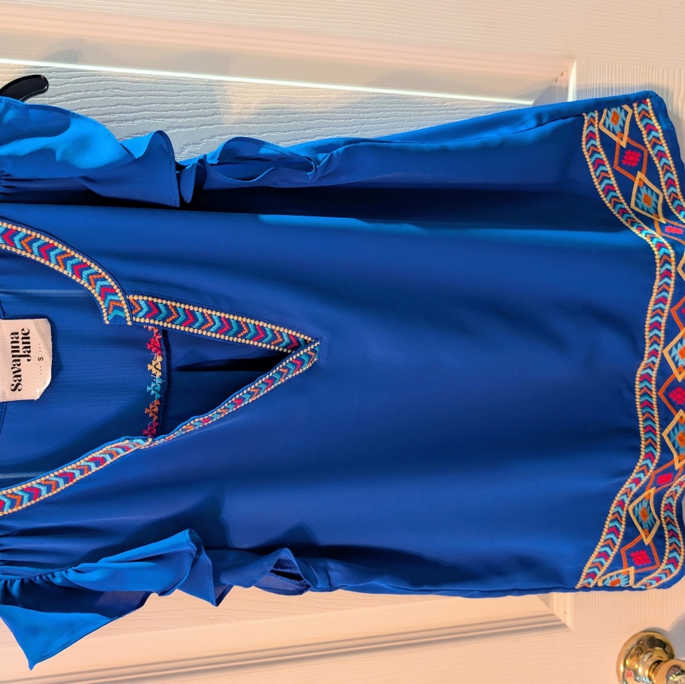 Savannah Jane Royal Blue Top with Colorful Embroidery